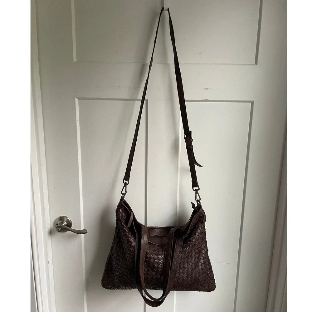 Valentina Made in Italy Woven Brown 100% Leather Bag Convertible Tote Crossbody